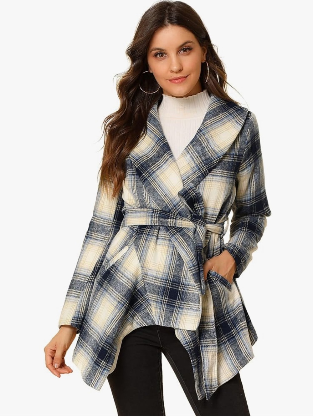 Navy & Cream Plaid Tie-Waist Trench Coat